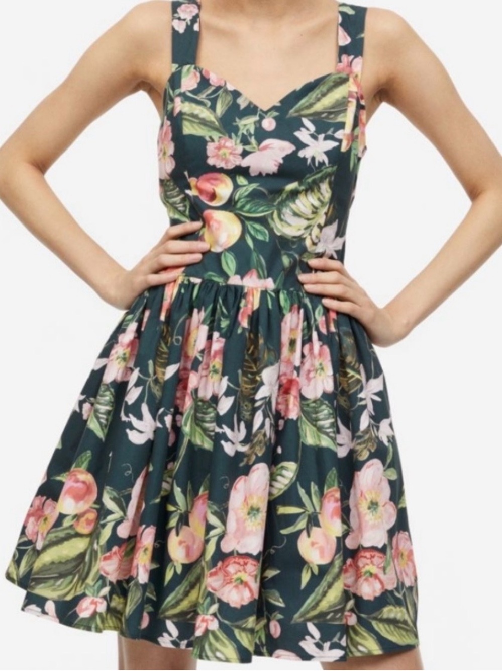 H&M Dark Green Floral Mini Dress with Pink Blooms